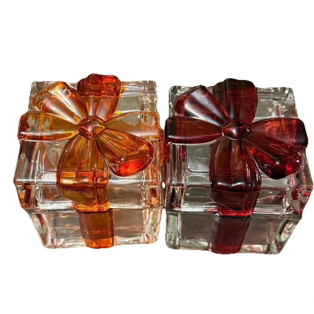 Vintage Glass Present Trinket Boxes Red & Orange Ribbon Gift Box Lot of 2